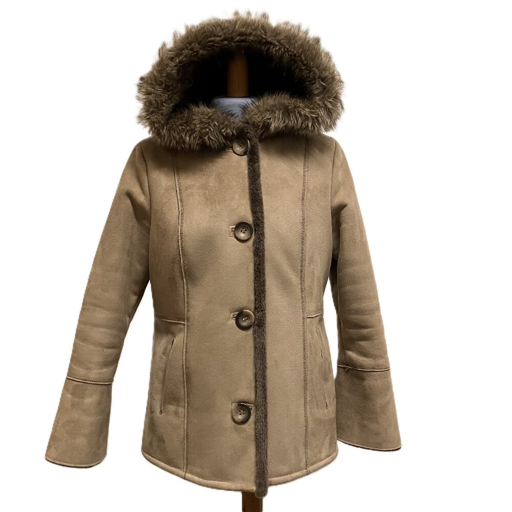 Tower by London Fog Hooded Coat Faux Suede with Faux Fur Shearling Lining Tan
